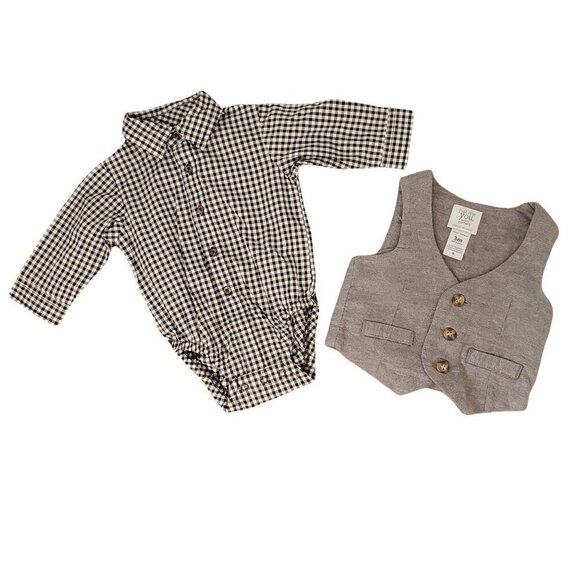 Just One You Gingham Baby Boy Dress Shirt + Gray Vest 3Mo 100% Cotton Knit NEW - Picture 2 of 5